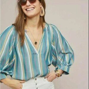 Maeve By Anthropologie Large Byron Striped Teal V Neck Blouse 3/4 Sleeves